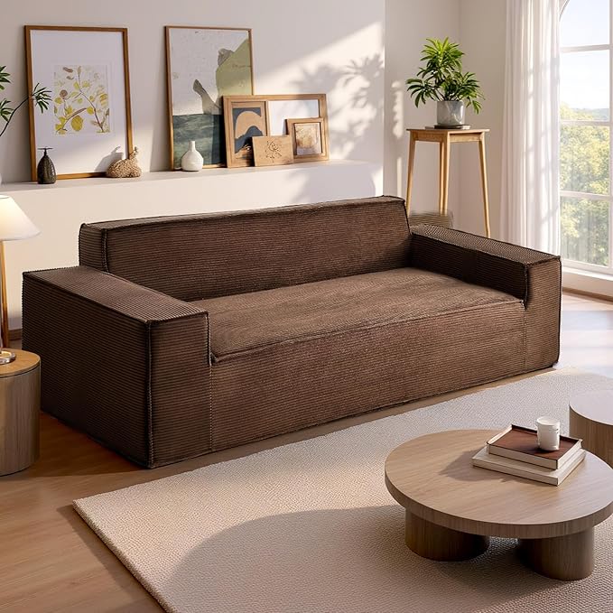 VEVOR 3-Seater Sofa in a Box 83-Inch No Assembly Corduroy Couch with Memory Foam Deep Seats for Living Room Apartment or Office Brown