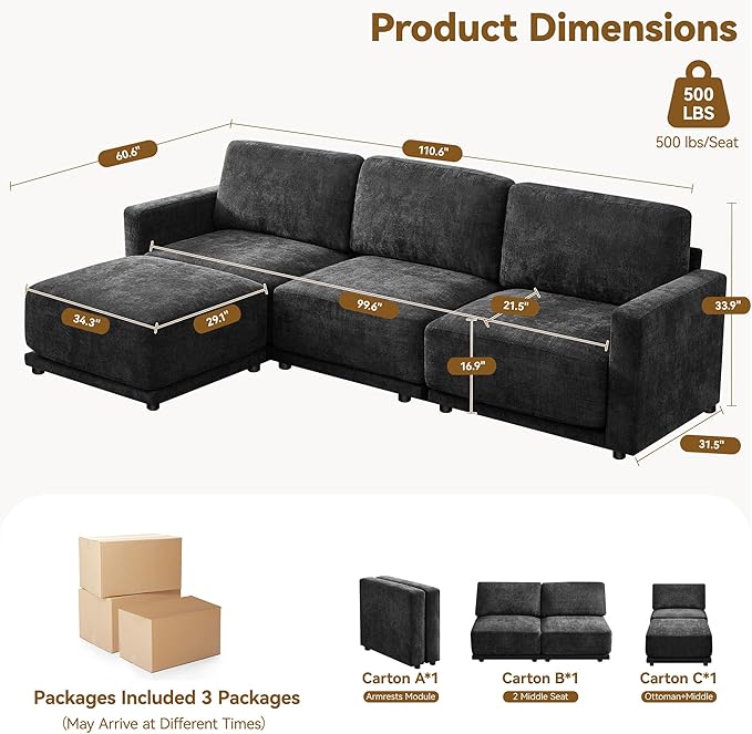 110.6 L Shaped Sectional Sofa Modular Cloud Deep Seat Couch with Movable Ottoman Oversized Thicked 4-Seats Sofas for Living Room Chenille Black