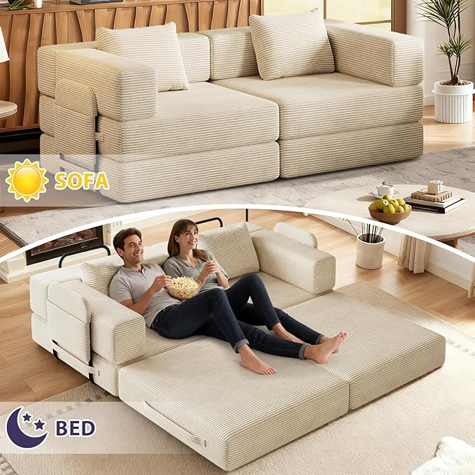 Convertible Sofa Bed 108+108+72.4 Sectional Couch 8-Seater with Storage Pockets Modular Sleeper Couch Corduroy Folding Floor Boneless Lounge Sofa for Living Room Guest Room Beige