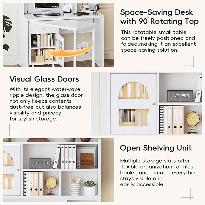 L Shaped Home Office Desks with 90° Rotating Retractable Desktop Glass Door Hutch Drawers Bookshelf &amp Storage Shelves 43 Modern Gaming Computer Corner Table for Work Study Writing White