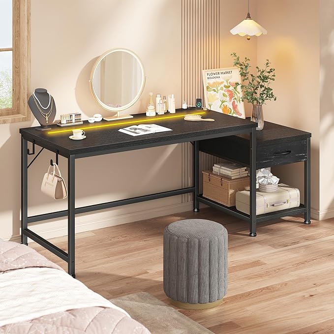 56 Inch Gaming Desk with Drawers and ShelfReversible Computer Desk with LED Lights and Power OutletsStudy Table with Hooks for HeadphoneBagsBlack Desk Work Desk for BedroomDorm