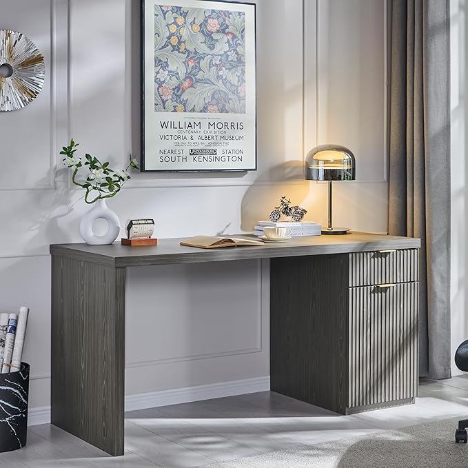 JXQTLINGMU 60 Modern Executive Desk with Storage Wood Home Office Desk with Drawer &amp Cabinet Fluted Computer Writing Desk for Study Living Room Bedroom Grayish Green