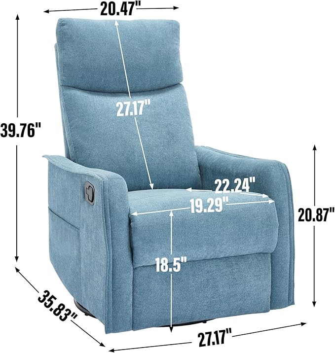 PELUMY 360 Swivel Rocking Recliner Chair for Adults Nursery Rocking Chair with Heat and Massage Glider Reclining Chair for Small Space Living Room Bedroom (Blue)