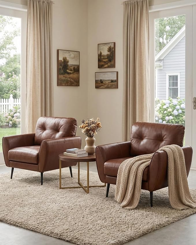 TYBOATLE Accent Chairs Set of 2 Comfy Modern Living Room Brown Leather Reading Accent Chairs Tufted Mid Century Arm Chair Small Salon Chair for Office Bedroom (2 Brown)