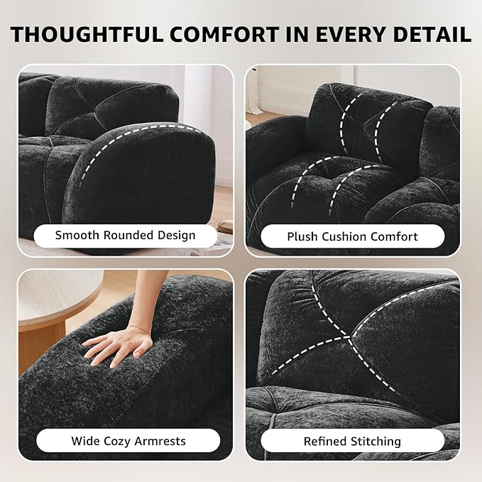 Black Loveseat Sectional Couches for Living Room Velvet Fabric Boneless Couch in a Box No Assembly Required Cloud Modular Sectional Sofa Love Seat Foam Couch Compressed Sofa Set Sofas para Sala