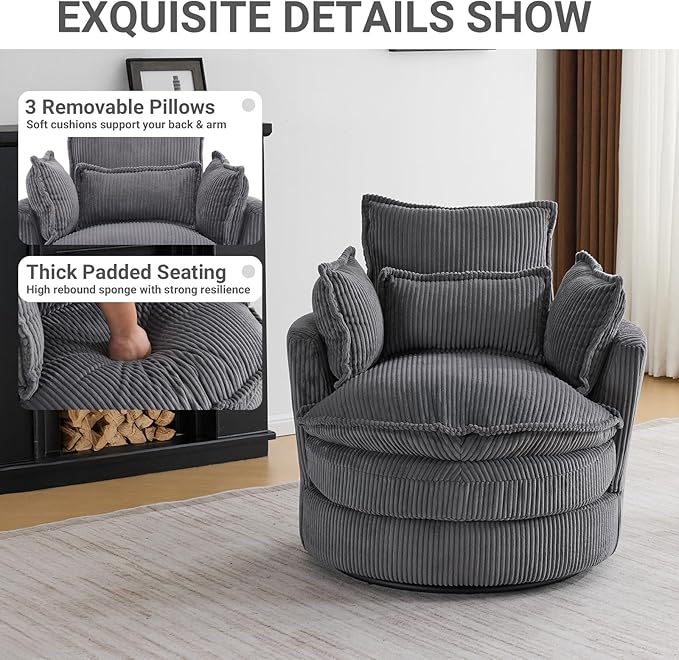 Karl home Swivel Barrel Chair-Corduroy360 Degree Modern Lounge Armchair ChairComfy Round Accent Single Sofa Chair with 3 Pillows for Living RoomBedroomLoungeHotelGrey