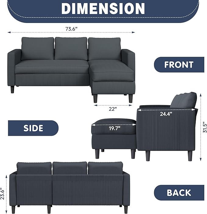 Shintenchi Modern Upholstered Sectional Sofa L-Shaped Couch with Reversible Chaise for Living Room New Corduroy Fabric