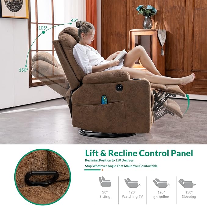 VIVIJASON Manual Massage Rocker Recliner Chair 360° Swivel Glider Lounge Chair with Heat Ergonomic Home Theater Recliner Sofa with 2 Cup Holders Side Pockets &amp USB Ports for Living Room Brown
