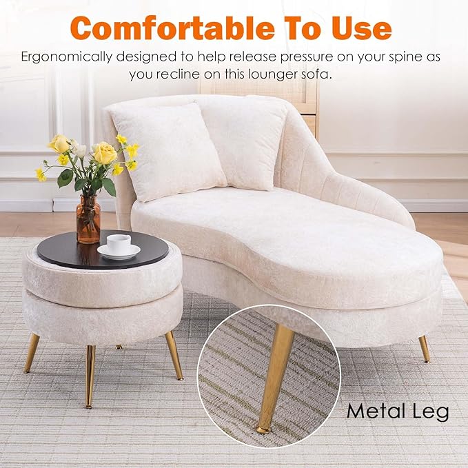 Chaise Lounge Chair Indoor Chenille Upholstered Chair with Left Armrest &amp Pillow Modern Lounge Chairs Sofa with Footstool for Living Room Bedroom Office (Beige)