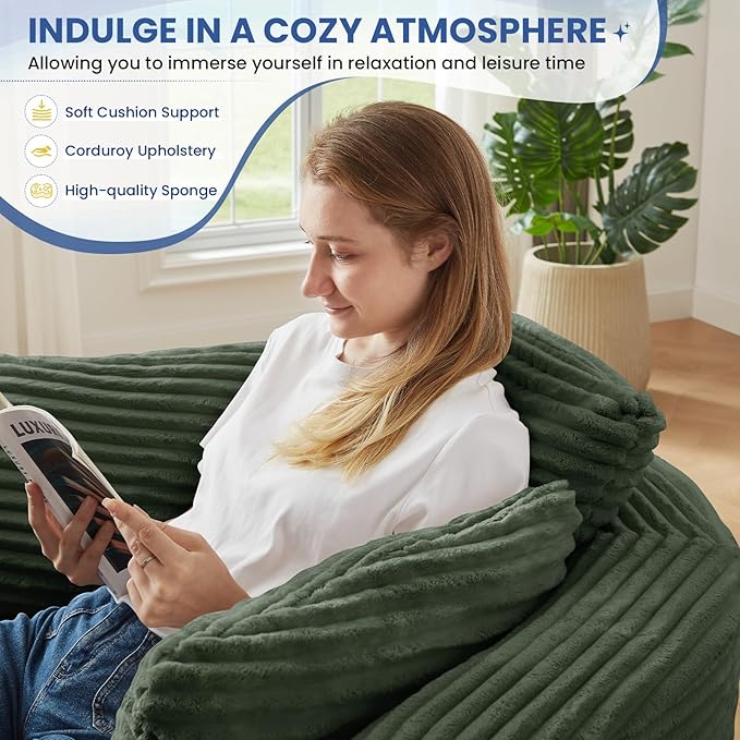Antetek 48.8-inch Round Chair Modern Accent Corduroy Comfy Deep Seat Boneless Foam Floor Single Circle Chaise Sofa Chair with 3 Pillows for Living Room Bedroom Office No Assembly Required Green