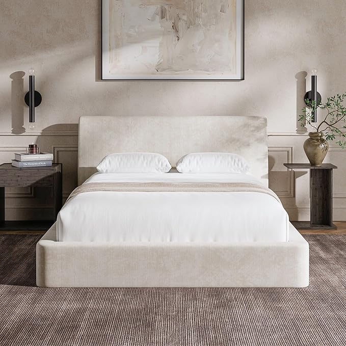 RECCI AirFrame Full Size Bed Frame with Ergonomic Angled Foam Cushioned Headboard Minimalist Design Platform Bed Frame No Box Spring Needed Easy Assembly (Beige Chenille)