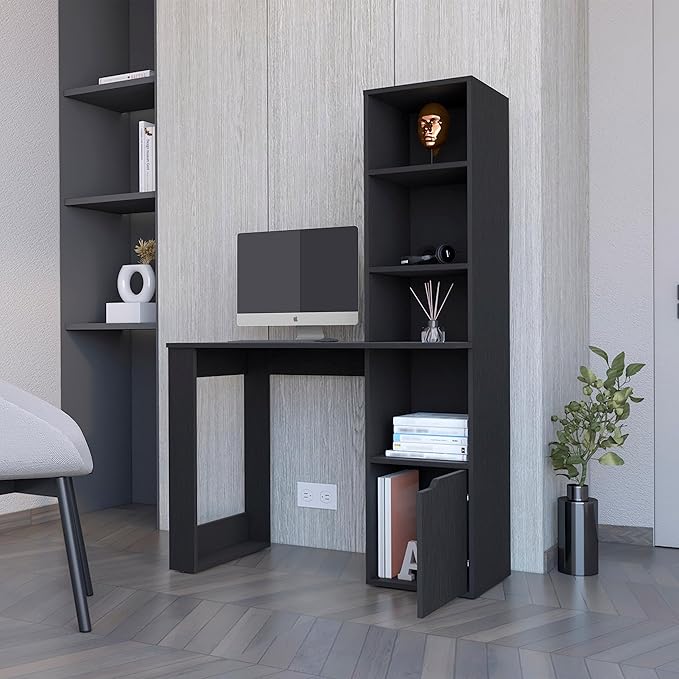 Computer Desk with 4-Tier Bookcase and 1-Door Cabinet Ample Work Surface for Home Office Living Room Black