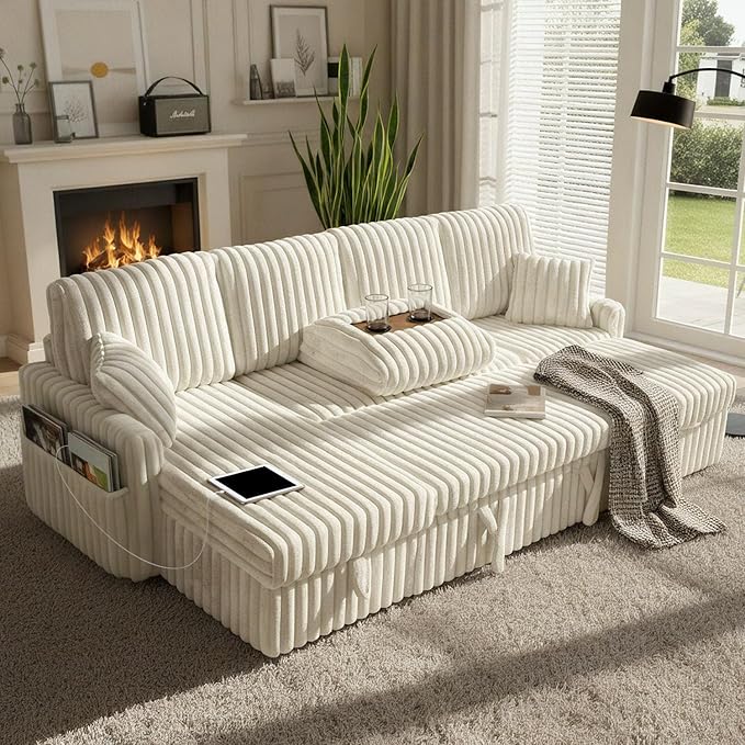 104 U Shaped Sleeper Sofa Bed Sectional Couches for Living Room Plush Corduroy Pull Out Couch Bed with Storage Modular Sectional Couch with Charging Station Cup Holder Side Pocket Beige