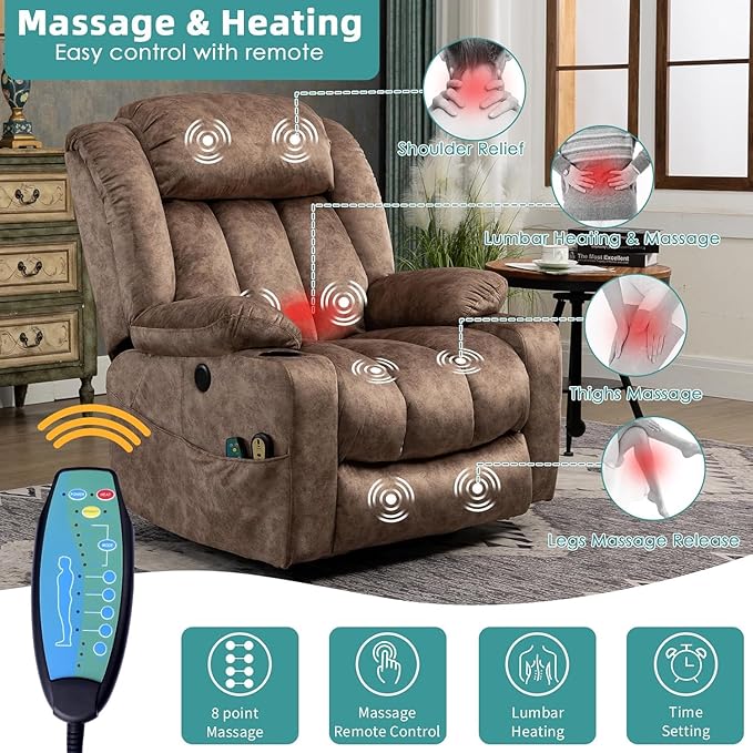 MEETWARM Large Power Lift Electric Recliner Chair with Extended Footrest for Big Tall Man Overstuffed Wide Recliner with Heat and Massage 2 Remote Controls/4 Side Pockets/USB Ports(Plush-Brown)