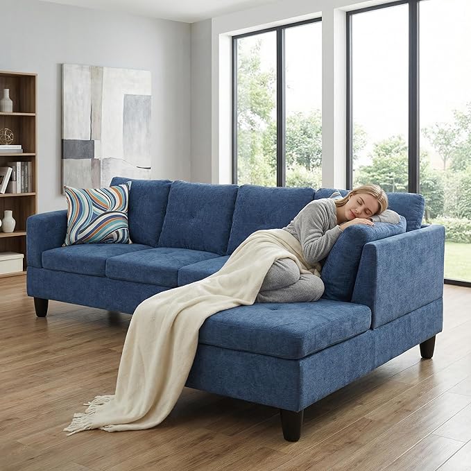 97 Inch Modern L-Shaped Couch Flannel Sectional Sofa with Right Facing Chaise 4-Seater Couch with Sturdy Frame for Living Room Apartment Blue