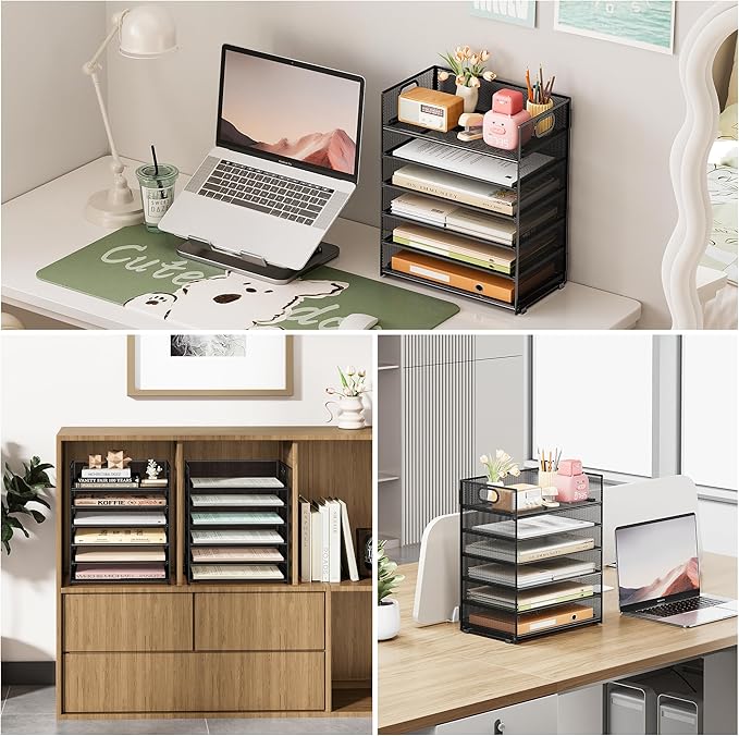 Subekyu 2-Pack 6-Tier Paper Tray Organizer for Desk - Black Mesh File Folder Sorter with Handles Desk Letter Holder for Office Home School Supplies Storage &amp Organization