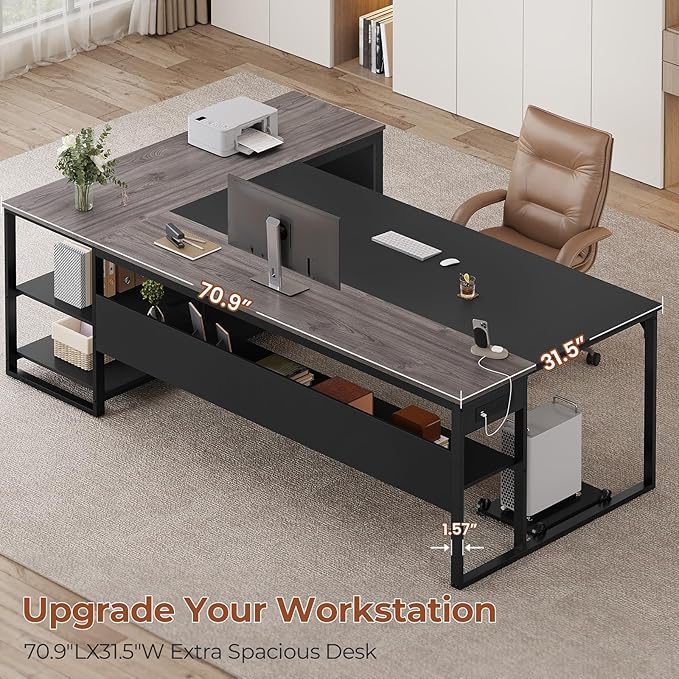 71 Executive Desk Large Office Desk with Widen File Drawers &amp Power Outlets Reversible L Shaped Computer Desk Corner Desk with Storage Shelves CPU Stand Hooks Business Furniture (Grey)