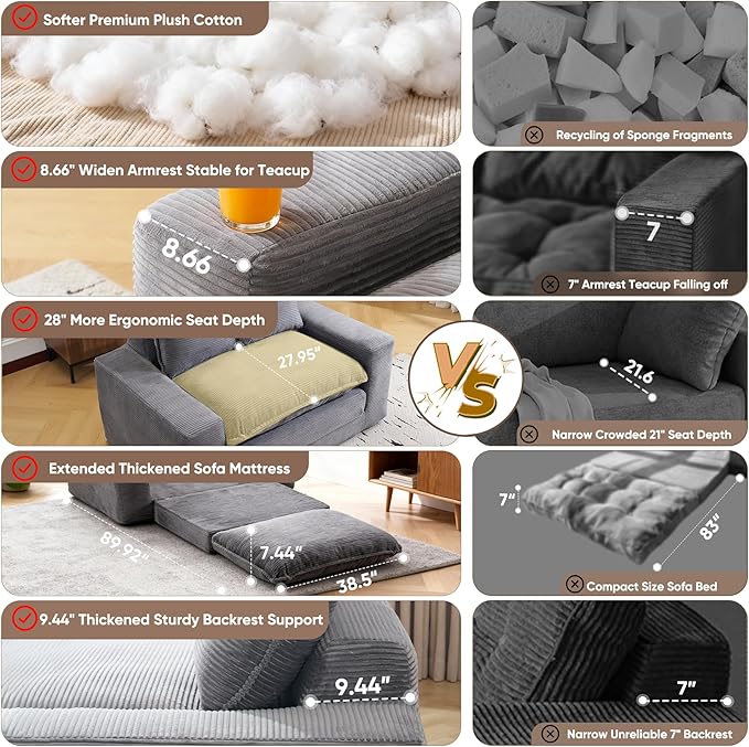 58 Pull Out Sofa Bed Convertible 2 in 1 Folding Loveseat Sofa Couch Corduroy Boneless Floor Sleeper Mattress Futon Deep Seat Wide Arm for Apartment Bedroom Living Room No Assembly 58-Grey