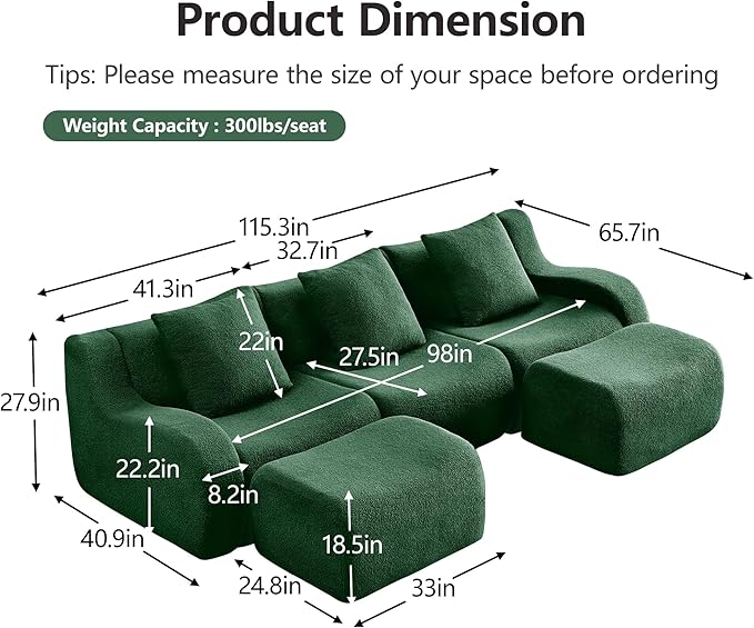 Modular Sectional Sofa for Living Room 115.3 U-Shaped Cloud Couch with 2 Ottoman 3-Seat Teddy Fabric Boneless Sofa Deep Seat Curved ArmrestStreamlined Ergonomic Design No Assembly