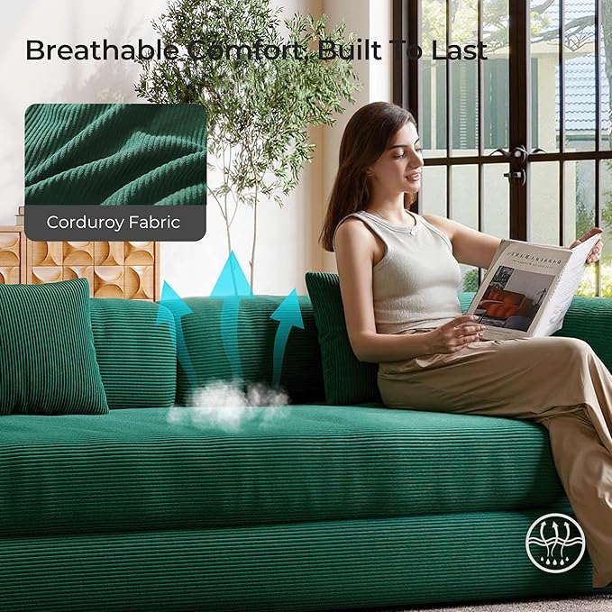 5-in-1 Folding Convertible Sofa Bed Loveseat Sleeper with Pull-Out Bed Floor Sofa Modular Futon Couch 79 Oversized Corduroy Upholstered Boneless Couch for Living Room Bedroom Lounge Green—A