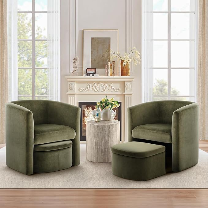 COLAMY Upholstered Velvet Barrel Accent Chair with Storage Ottoman Set of 2 Morden Living Room Side Chair Single Sofa Armchair with Lounge Seat for Bedroom/Office/Reading Spaces Green