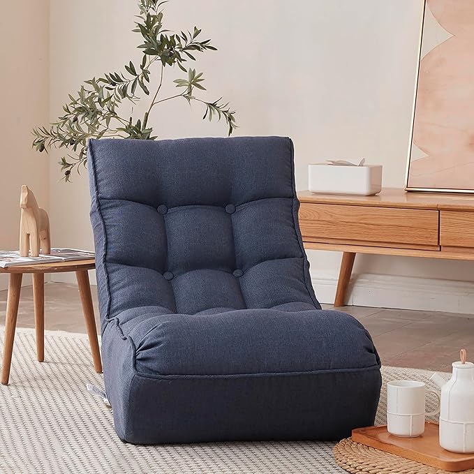 Adjustable Japanese Reclining Chair Multifunctional Lazy Sofa Floor Chair for Living Room Bedroom Balcony Tatami Ergonomic Design Spring Built-in Metal Frame Navy