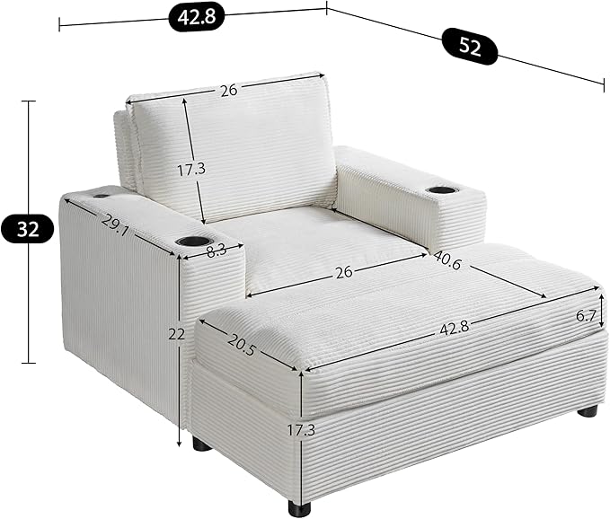 42.8 Oversized Chaise Lounge Chair with Storage Ottoman Corduroy Sofa Bed with Cup Holders &amp USB Charging Port Upholstered Sleeper Chair for Living Room BedroomBeige