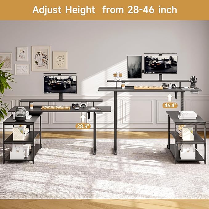 ONBRILL L Shaped Standing Desk with File Cabinet 63x24'' Electric Stand Up Desk with Monitor and Storage Shelf Adjustable Height 28-46'' for Home and Computer Workstation Black