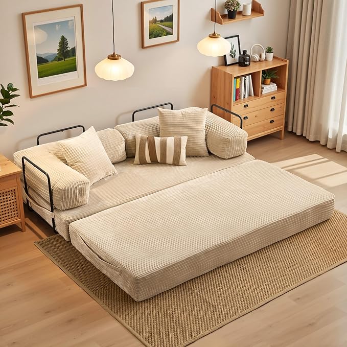 4-in-1 Folding Sofa Bed 78 Oversized Corduroy Sleeper Chair Convertible Loveseat to Floor Bed with Storage Pockets Boneless Design for Living Room Bedroom &amp Small Spaces