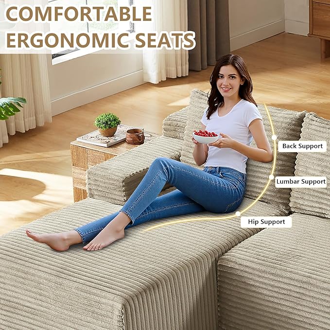 96 Modular Sectional Sofa Modern Corduroy L Shaped Cloud Couch with Side Pockets Boneless Upholstered Couches with Deep Seat for Living Room No Assembly Required (Camel Left Facing Chaise)