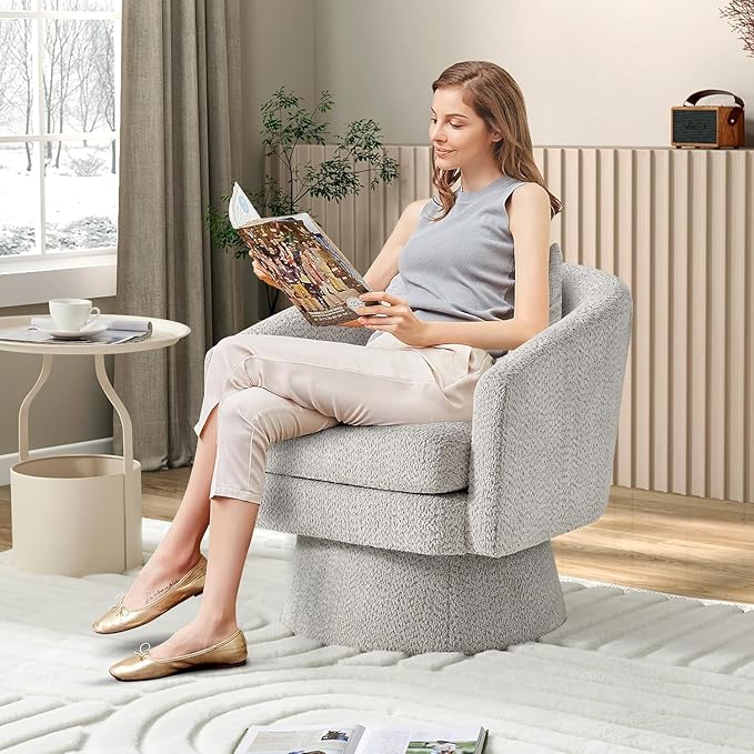 360° Swivel Accent Reading Chair - Chenille Lounge Single Sofa with Storage Modern Club Armchair for Living Room Bedroom &amp Office（Light Gray）
