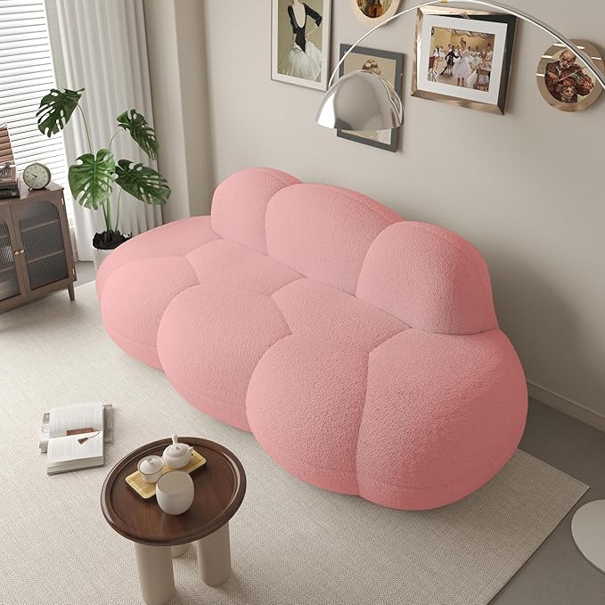 Boneless Small Couch for Bedroom 90 Modern Curved Boucle Couch Comfy Upholstered Cloud LoveSeat Floor Sofa Deep Seat Leisure Bubble Couches for Living Room Small Space (Pink No Installation)