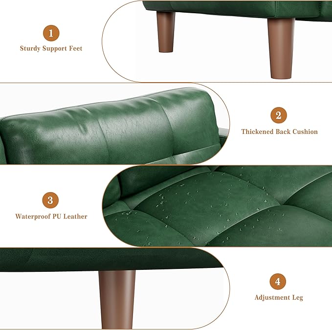 GarveeHome 3-Seater Sofa Couch 83 in Wide Faux Leather Sofa Couch with Spring Cushion Modern Sofa with Deep Seats and 2 Removable Back Cushions for Living Room Bedroom Apartment Office Green