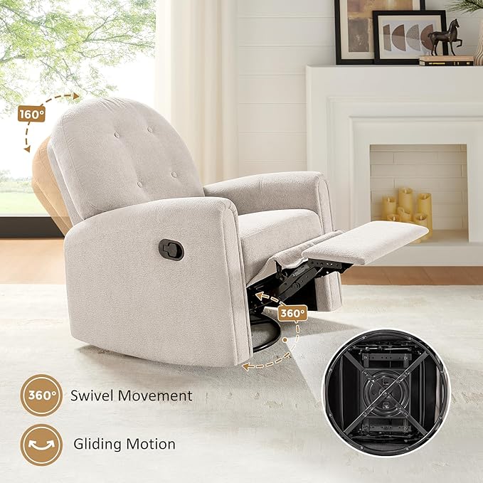 VANOMi 360 Swivel Rocker Recliner Chair Nursery Rocking Chair with Tufted Backrest Manual Recliner Chairs for Small Spaces Upholstered Glider Nursing Chair for Living Room Bedroom (Camel)