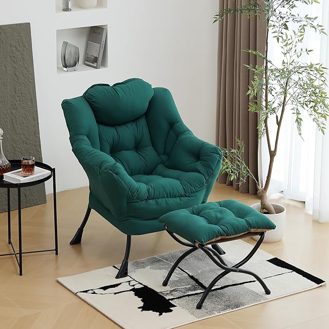 Lazy Chair with Ottoman Modern Accent Chair with Armrests and a Side Pocket Dark Green Accent Chairs Reading Chairs Oversized Armchairs for Bedroom Study Living Room Courtyard