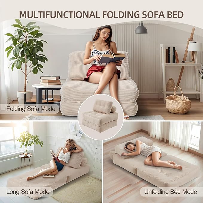 MELLCOM Foldable Sofa Bed - Adjustable Convertible Chair Tufted Sleeper Couch Portable Folding Lounge Sofa Foam-Filled Pull-Out SofaBed for Living Room Bedroom Cream White
