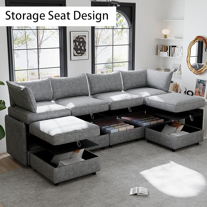 129” Modular Sectional Sofa Convertible 6 Person U Shaped Couch with Storage 2 Removable Ottomans &amp Deep Seats Memory Foam Comfy Modular Couch for Living Room (Grey 6 Seat)