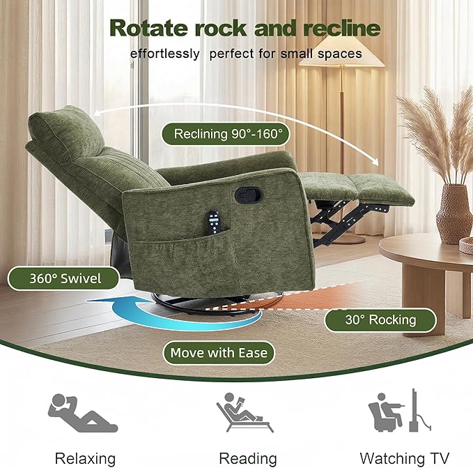 Casaphoria 360° Swivel Rocking Recliner Chair with Heat and Massage Upholstered Fabric Nursery Glider with Side Pocket for Living RoomBedroomHome Theater and RV Small Space(Antique Green)