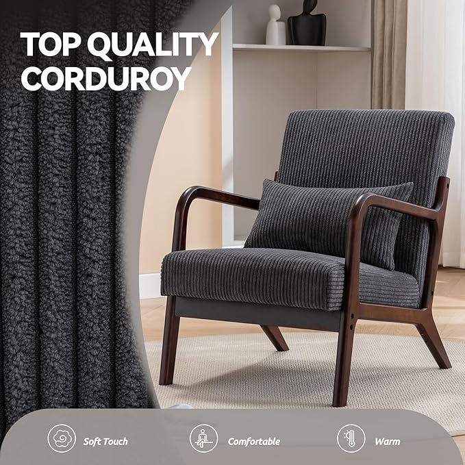 Accent Chair Mid Century Modern Chair Living Room Chairs with Pillow Upholstered Lounge Arm Chair Reading Chair with Solid Wood Frame &amp Corduroy Fabrics for Living Room Bedroom