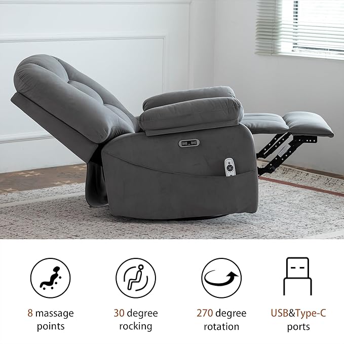 Power Swivel Rocker Recliner with Massage and Heat USB and Type-C Port Infinite Position Electric Glider Rocking Chairs Living Room Soft Fabric Reclining Sofa Chair (Velvet Grey)