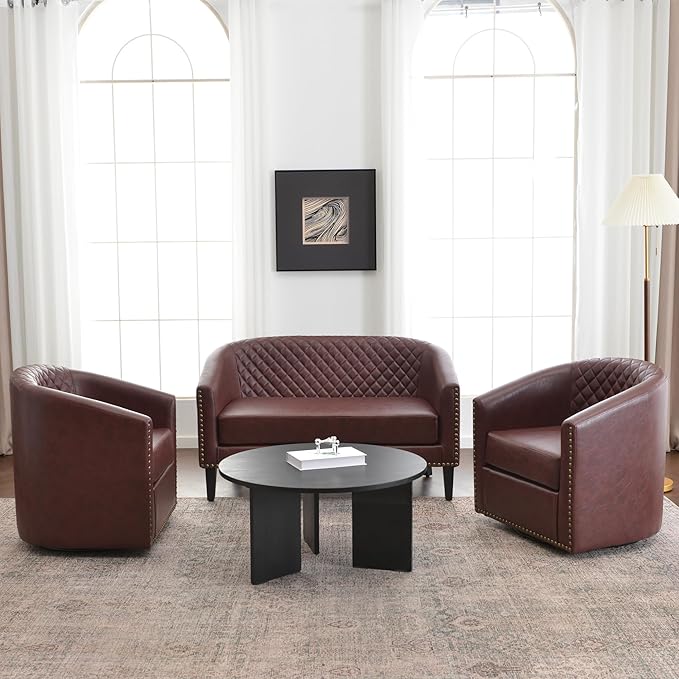 KINWELL 50 Faux Leather Upholstered Loveseat Sofa with 2 Swivel Barrel Accent Chairs Minimalist Comfy 2-Seater Couch and Armchair for Small Spaces Apartment Red