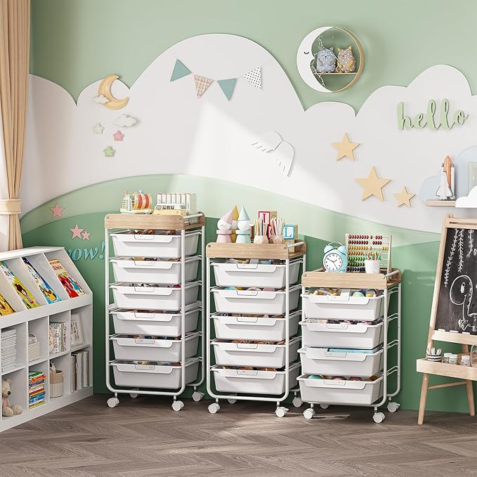 Rolling Cart with 5 DrawersArt Craft CartStorage Utility Cart with WheelsMakeup Organizer with Wooden TabletopWhite