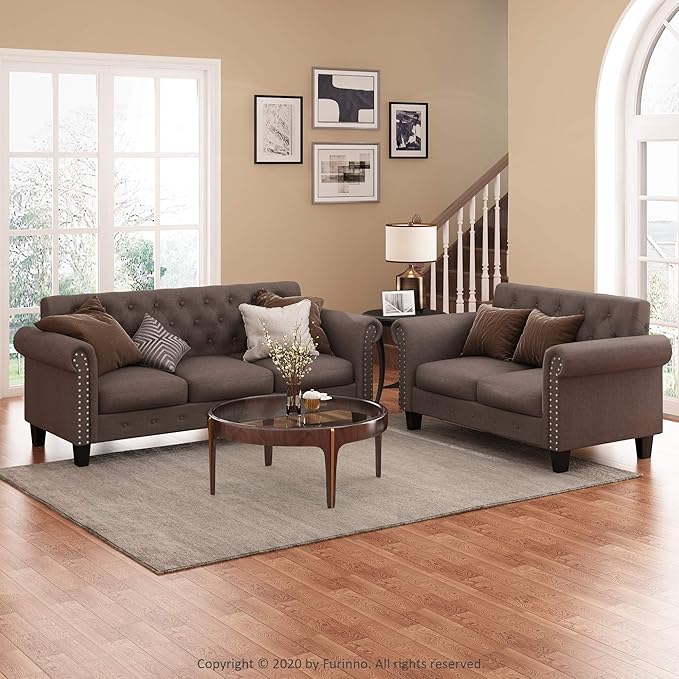 Furinno Bastia Vintage Modern Chesterfield Button Tufted Loveseat/Sofa Couch for Living Room Brown Faux Leather