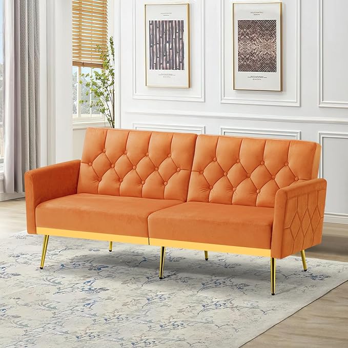 Velvet Sofa Bed w/Adjustable Armrests and Backrests Modern Convertible Sleeper Sofa Tufted Futon Sofa for Bedroom Living Room Apartment Orange