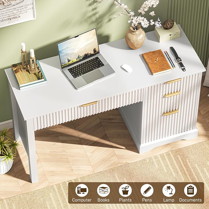 Vabches Fluted Executive Desk with Drawers Wood Computer Desk with Ample File Drawer Home Office Desk with Storage for Study Bedroom Living Room White
