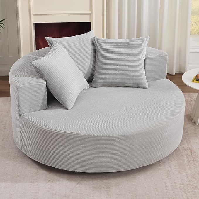 CANMOV Oversized Round Swivel Chaise Longue Chair Indoor Upholstered Corduroy Deep Seat Cloud Large Circle Sofa Chair Modern Single Cloud Sofa Bed for Living Room Bedroom Apartment Light Gray