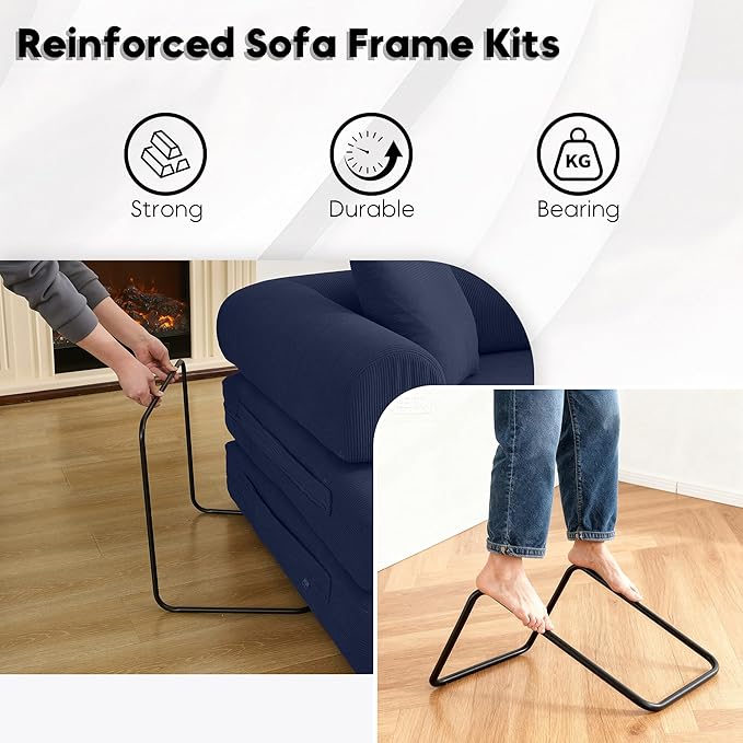 Convertible Sleeper Sofa Bed with Cylindrical Pillow Corduroy Folding Boneless Couch with Fixed-Shape Frame Floor Sofa Lounge Couch for Living Room Bedroom Lounge Studio-Blue