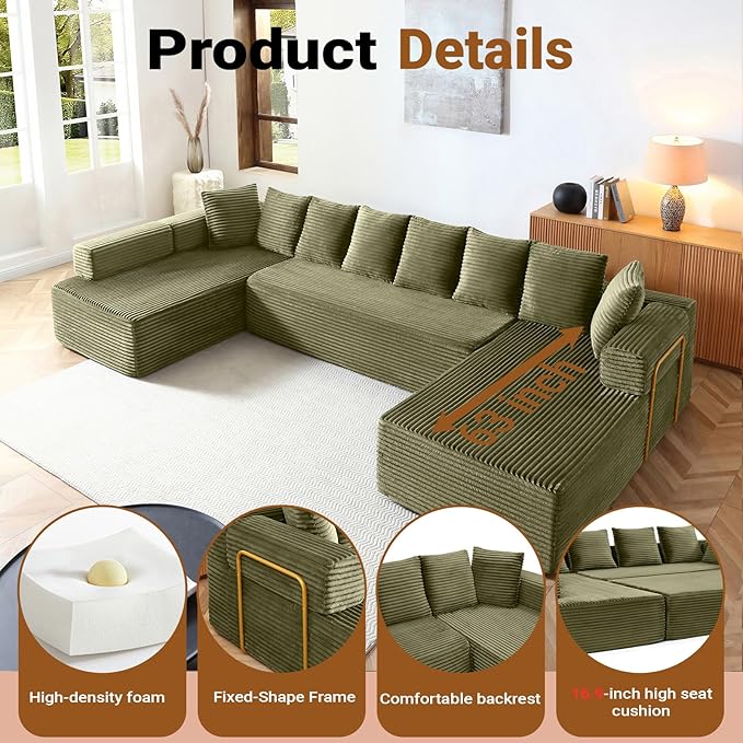 145 Modular Sectional Sofa Oversized U-Shaped Deep Seat Corduroy Cloud Couch with Fixed-Shape Frame Sleeper Sofa Couch Boneless Couches for Living Room No Assembly RequiredSofa in A BoxGreen