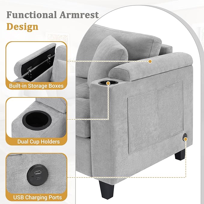Eafurn Oversized U Shaped Sectional Sofa Tufted Couch w/Left Chaise 6-Seater Chenille Convertible Corner Couches w/Cup Holders Storage Armrest and USB Ports