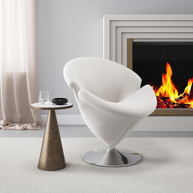 Manhattan Comfort Tulip Swivel Accent Chair Set of 2 with 360° Turn Modern Flower Inspired Design Soft Velvet Upholstery Polished Chrome Base No Assembly Required 300 Lbs Capacity White
